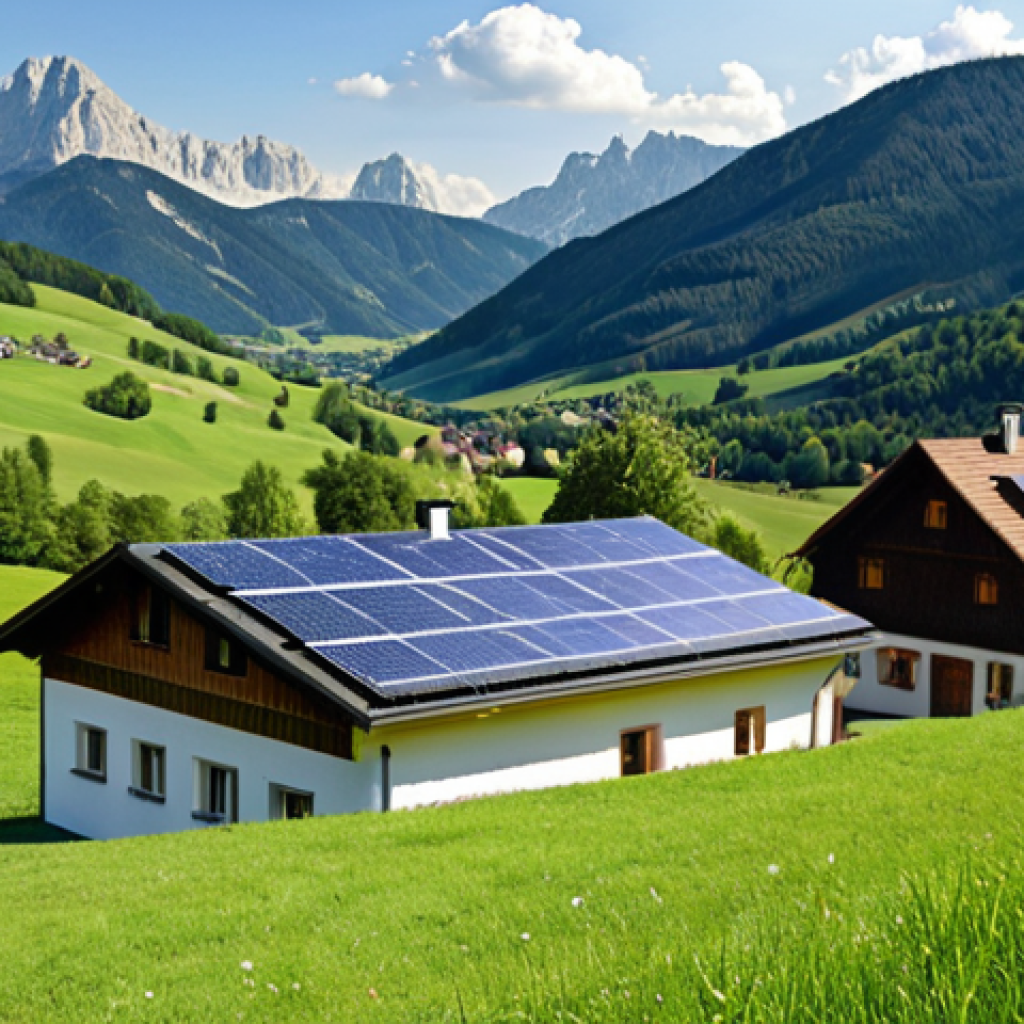**Image of a picturesque Austrian countryside. In the foreground, show a house with solar panels on its roof. In the background, rolling green hills and mountains. The scene should evoke renewable energy and a connection to nature. Focus: renewable energy usage**
