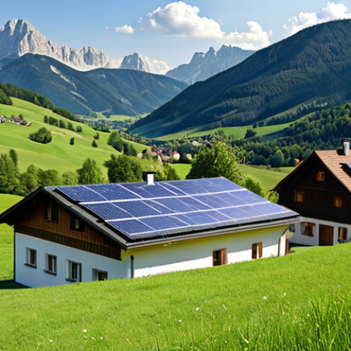 Home 15 **Image of a picturesque Austrian countryside. In the foreground, show a house with solar panels on its roof. In the background, rolling green hills and mountains. The scene should evoke renewable energy and a connection to nature. Focus: renewable energy usage**