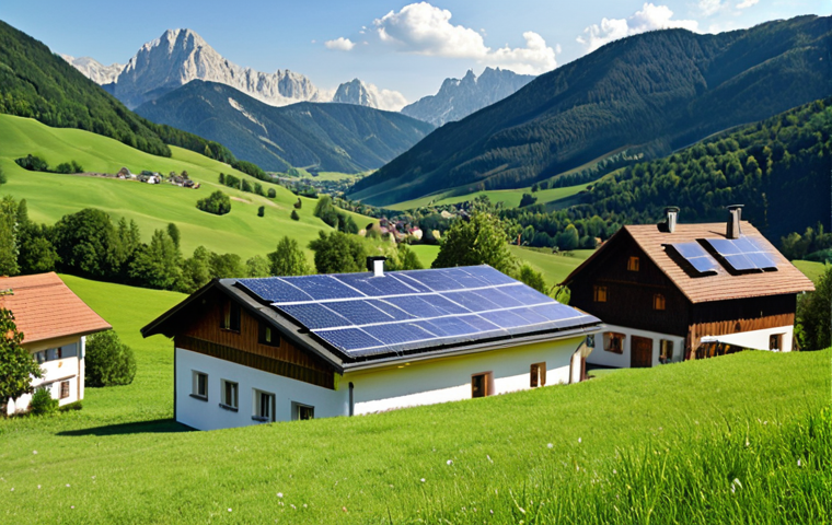 **Image of a picturesque Austrian countryside. In the foreground, show a house with solar panels on its roof. In the background, rolling green hills and mountains. The scene should evoke renewable energy and a connection to nature. Focus: renewable energy usage**