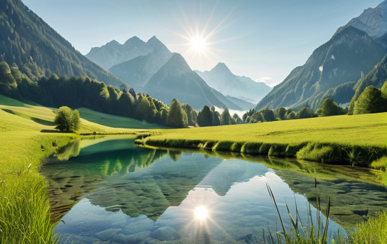 A serene landscape of the Austrian Alps, showcasing lush green meadows, majestic mountains partially veiled in soft mist, and a crystal-clear lake reflecting the morning sky. The scene evokes a sense of deep tranquility, natural beauty, and a profound digital detox. Focus on vibrant yet calming natural colors, with gentle sunlight filtering through.