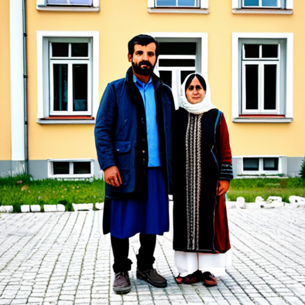 A Refugee Family in Austria**
"A fully clothed Afghan refugee family in Austria, standing in front of a modest apartment building, safe for work, appropriate content, perfect anatomy, natural proportions, family-friendly, wearing traditional Afghan clothing, a blend of Austrian and Afghan culture in the background, professional photography, high quality"
**
