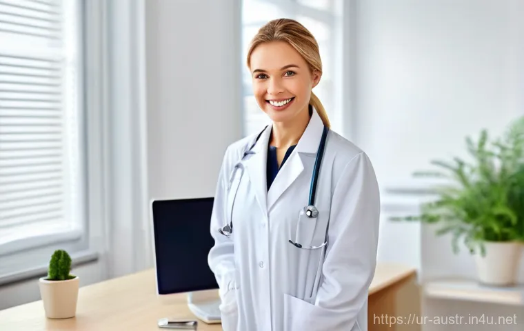 오스트리아의 의료 시스템 - **Prompt 1: Modern Austrian Doctor's Visit with e-Card**
    "A bright, contemporary doctor's office...