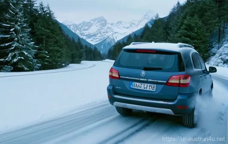 오스트리아에서 운전하는 법 - **Prompt:** A serene winter family road trip through the snow-covered Austrian Alps. A modern, famil...
