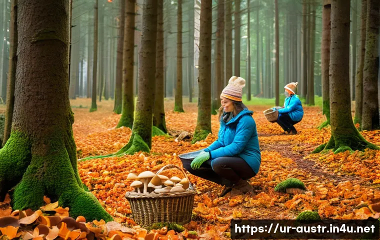 오스트리아의 버섯 채집 문화 - A serene autumn forest scene in Austria during mushroom picking season, showcasing a diverse variety...