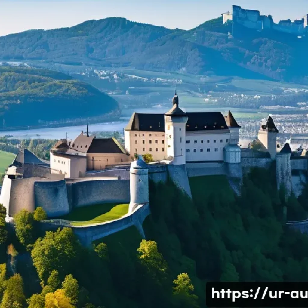 오스트리아의 유네스코 문화유산 - A majestic medieval fortress perched atop a hill overlooking Salzburg city, featuring massive stone ...