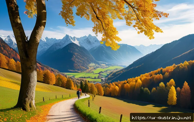 오스트리아의 기후별 여행 최적기 - A breathtaking autumn landscape of an Austrian valley wrapped in vibrant fall colors, featuring gold...