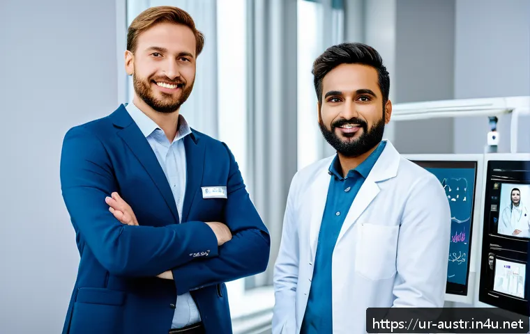 오스트리아의 혁신 스타트업 - A modern Austrian startup healthcare scene showcasing a diverse group of professionals using AI-powe...