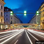 Home 20 오스트리아의 도로 시스템 - A bustling urban street scene in Vienna, Austria, showcasing smart traffic signals dynamically chang...