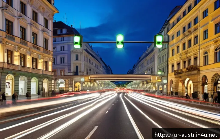 오스트리아의 도로 시스템 - A bustling urban street scene in Vienna, Austria, showcasing smart traffic signals dynamically chang...