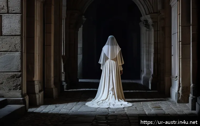 오스트리아의 유령 이야기 - A mysterious nighttime scene inside Hofburg Castle in Vienna, featuring dimly lit ancient stone corr...